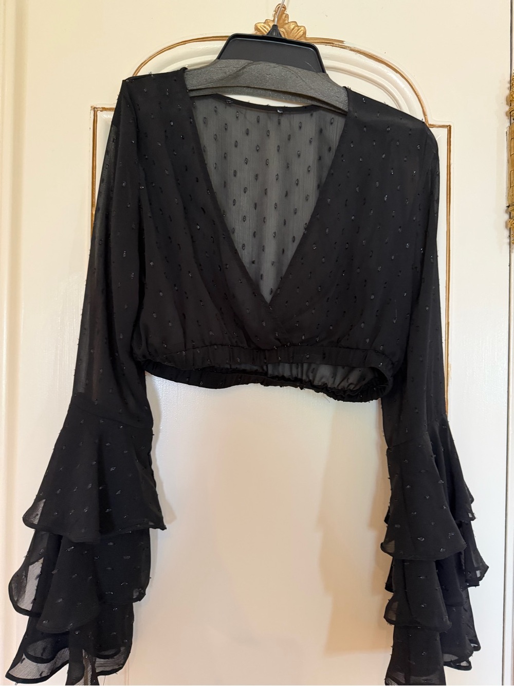 Black Ruffled Bell-Sleeve Crop Top